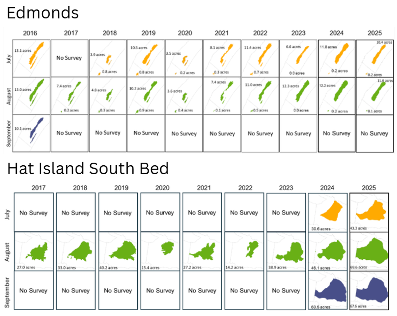 Kelp maps showing the area of Edmonds and Hat Island South bed. July, August, and September grids are displayed on the y axis and the survey year on the y axis.